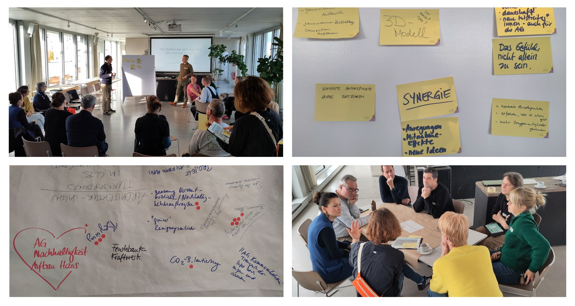 Collage aus vier Bildern, zwei zeigen jeweils eine Gruppe Menschen in einem Innenraum in einer Arbeitssituation, die beiden anderen zeigen handgeschriebene Notizen auf Brown Paper bzw Post Its