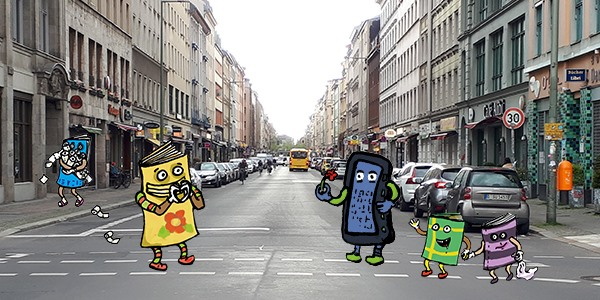 Collage, gezeichnete bunte Bücher mit Armen und Beinen überqueren die Oranienstraße