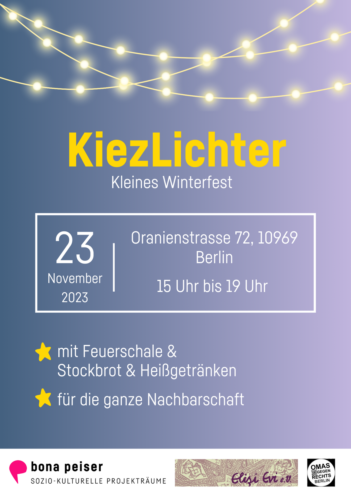 grafisches Plakat lila-bläulich hinterlegt mit gelber Schrift KiezLichter und darüber Lichterketten